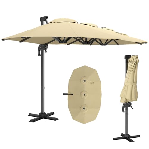 Outsunny 4.5 m Patio Cantilever Roma Parasol, Large Double-Sided Rectangular Garden Umbrella with Crank Handle, 360° Cross Base for Bench, Outdoor, Khaki