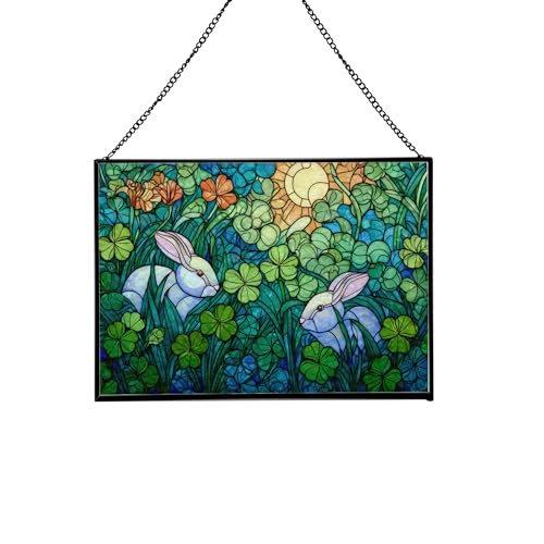 Rabbits Hiding Beneath Clover Field Rectangular Stained Glass Suncatcher – Hanging Window Panel with Animal & Nature Scene – Vibrant Glass Art Gift for Wildlife, Fantasy, Nature Lovers 11htaV