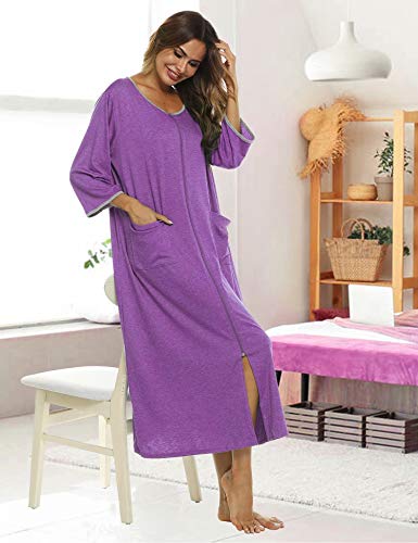Image of Bloggerlove Zipper Front Robes for Women House Coat Half Sleeve Loungewear Long Nightgown with Pockets S-3XL