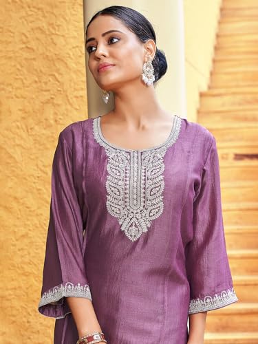 Image of INDO ERA Women's Embroidered Silk Blend Calf Length Straight Kurta Trouser with Dupatta Set (IEOUT7325 Parent)