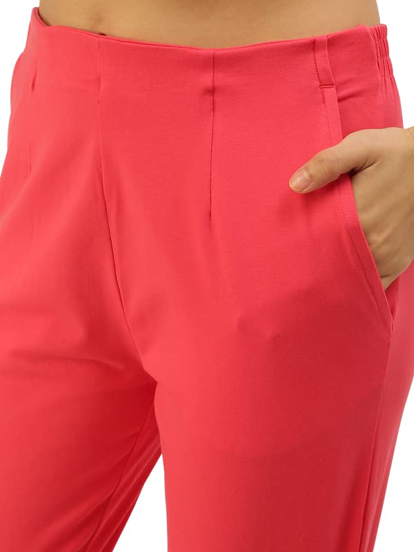 Image of De Moza Women Pencil Fit Cigarette Pant | 95% Cotton 5% Elastane | Mid Rise | 2 Pockets | Casual & Office Wear