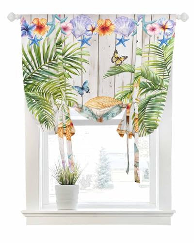 Tie Up Curtains for Windows Summer Gnomes Butterfly Rod Pocket Tie-Up Window Shade Adjustable Balloon Curtain Valance Palm Tree on Wood Board for Bedroom Kitchen Bathroom Blinds,34x45in