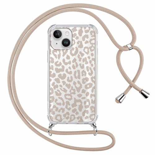 ZhuoFan Handyband Handyhülle für iPhone 15 Hülle mit Band, Transparent Aesthetic Muster Schutzhülle, Silikon + Schwer PC mit Kordel zum Umhängen Necklace Lanyard Case, Leopard