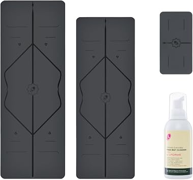 LIFORME Original Yoga Mat & Travel Mat & Yoga Pad & Everyday Yoga Mat Cleaner - Bundle Pack -Patented Alignment System, Eco-Friendly, Non-Slip Warrior-Grip, Sweat Resistant, Comfortable - GREY/GRY/GRY