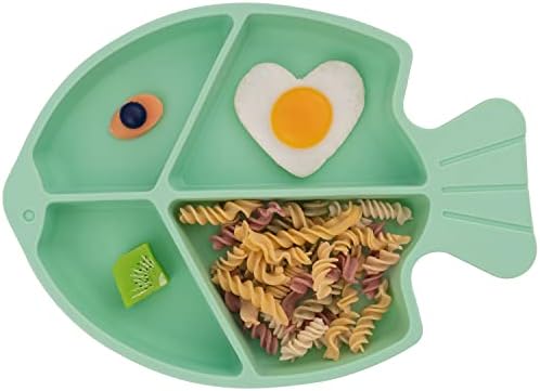 NICINGU Suction Plates for Toddler,Silicone Plates for Baby Kids Infant Feeding Supplies Fits Most Highchair,BPA Free Dishwasher Microwave Safe-Green Fish