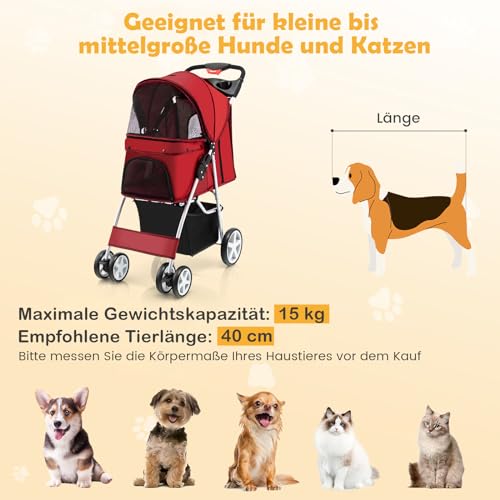 COSTWAY Hundewagen Haustiere Buggy, bis 15 kg, Hundebuggy mit Netzfenstern & Getränkehalter & Korb & Sonnenschutz, Faltbarer Katzenwagen, Katzenbuggy für kleine Hunde Katzen (Rot)