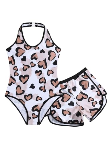 GORGLITTER Girl's Cute Heart Print One Piece Swimsuit with Cover Up Shorts Bathing Suit