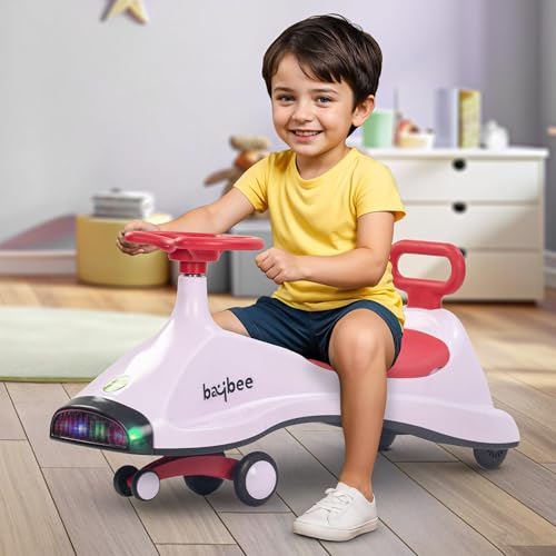 Image of Baybee Primo Swing Cars for Kids | Twister Ride on Baby Car with 360 Steering, RGB Lights & Music | Push Rideons Toy Kid Car with Storage & Backrest | Magic Cars for Kids 3+ Years Boys Girls (Pink)