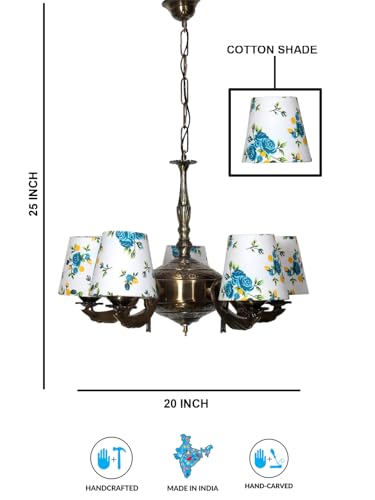 Image of Devansh 05-Light Printed Conical Multicolor Cotton Shade Chandelier - Antique Golden Finish | Adjustable Cord | Warm Glow Lamp - Ceiling Light for Living Room, Dining Area, BedroomDecor - D8