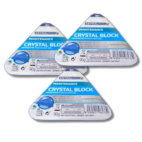PISCIVAL CrystalBlock | Pack de 3 uds.| Floculante Gel Monodosis 90g | Agua Cristalina y Transparente para Piscinas | Mejora la Filtración y Reduce el Consumo de Químicos | Uso NO Profesional
