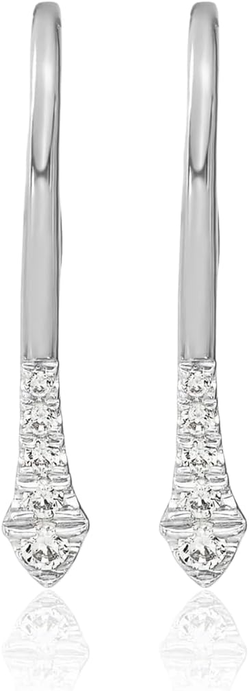 IceCarats 14K Solid White Gold 0.12 carat Diamond Medium Threader Dangle Earrings 21.4mm 7/8 inch Round Cut, Natural, Prong Set, Shepherd Hook For Her
