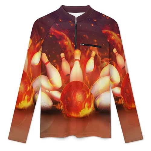 Flaming Bowling Ball Bouncing Pins Men's Rash Guard Long Sleeves Quick Dry Fishing Workout Shirts with Zipper3