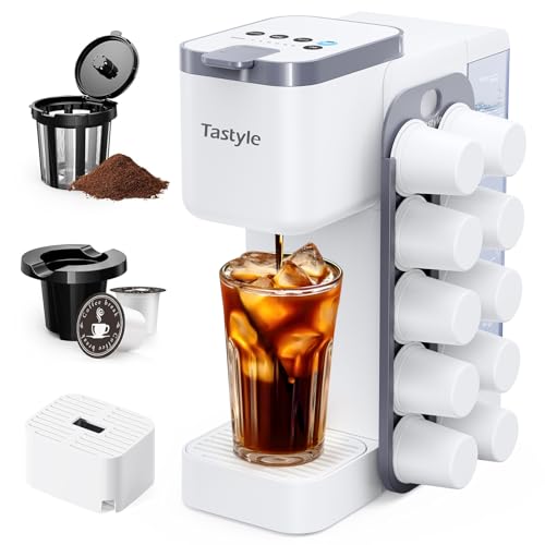 Hot & Iced Coffee Maker with Magnetic K-Pod Organizer (Pods Not Included), Stores 10 Pods, 4-5 Cups Coffee Maker & Single-serve Brewer for K Cup & Grounds, 40oz Removable Water Tank, White