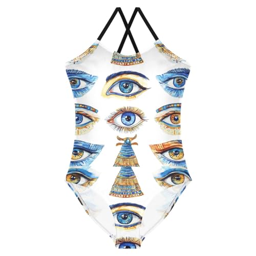Pigsaly Girls One Piece Swimsuits Watercolor Egyptian Blue Evil Eye Kids Cross Back Swimwear Beach Sport Bathing Suit 3T