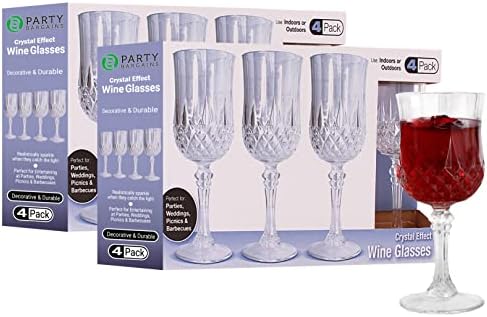 PARTY BARGAINS 8 Crystal-Like Wine Glasses (8oz) - Clear Shatterproof Elegant Hard Plastic Wine Glass with Stem, for Pool Parties, Outdoors, Receptions, Weddings