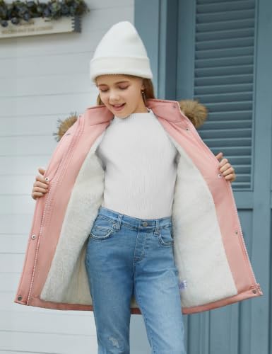 Uikue Girls Winter Coat Water-Repellent Windproof Mid-Length Fleece Lined Zipper Kids Warm Lightweight Jacket, Faux Fur Hooded & Pockets(Pink, 8-9Y) — view 2