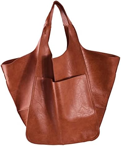 KlaOYer Oversized Leather Tote Bag Large Capacity Work Hobo Pu Leather Bucket Purse And Handbag Big Soft Travel Shopping Bag (Brown)