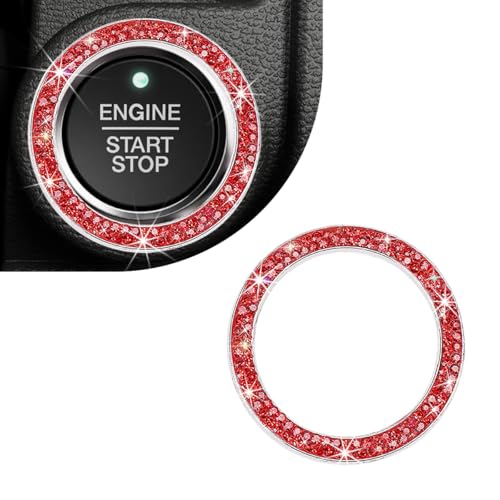 Sbulhia Car Bling Engine Start Ring Decal, Crystal Double Rhinestone Push to Start Button Decorative Cover, Sparkling Auto Key Ignition & Knob Ring for Women Girls, Car Accessories (Red)