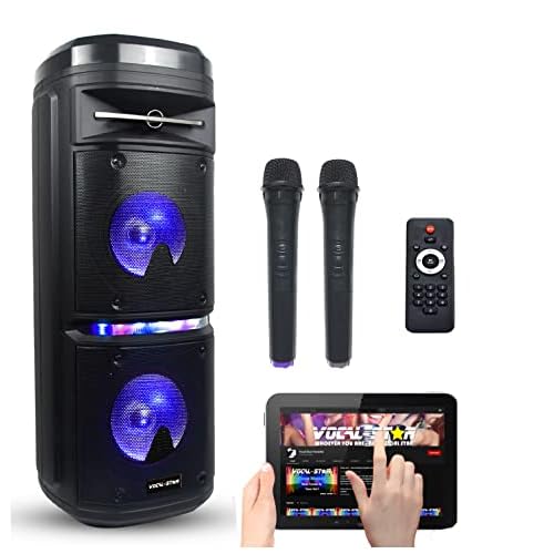 Vocal-Star Portable PA Speaker System with Party LED Light Effect, Bass & Treble, Bluetooth, USB & Aux Input for MP3, 2 x 6.5″ Woofer 200w & 2 Wireless Microphones P180
