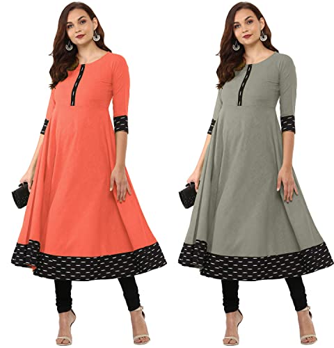 Image of NATEK Cotton Anarkali Printed Border Kurtis for Women Combo Pack of 2