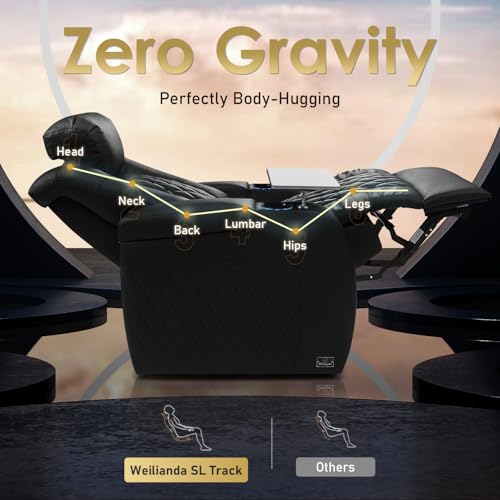 Image of Weilianda Home Theater Seating, Top Grain Leather Movie Theater Chair | Black Row of 6, Zero Gravity, Power Headrest, Tray Table, Electric Reclining Seat for Media Room