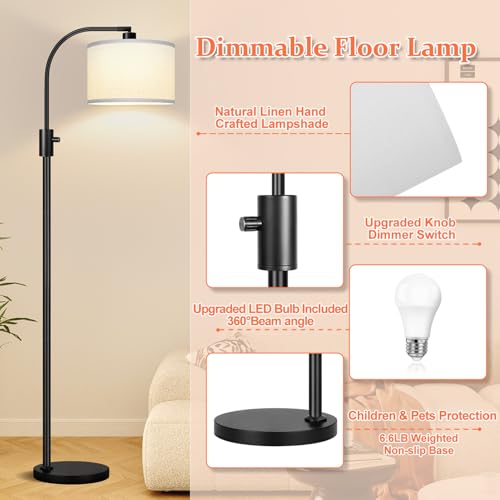 Image of Nintiue Upgraded Modern Arc Dimmable Tall Standing Floor Lamp with White Shade, 1200 Lumens LED Bulb Included, for Living & Reading Room, Bedroom, Office & Nursery, Black