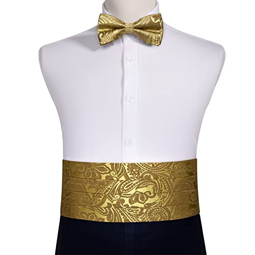 Image of Barry.Wang Men Silk Paisley Cummerbund and Pre-tied Bowtie Handkerchief Cufflink Set for Tuxedo