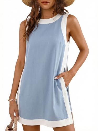EsheSy Womens Two Piece Outfits Sleeveless Top Matching Shorts Color Block Summer Set with Pockets(GreyBlue-M)
