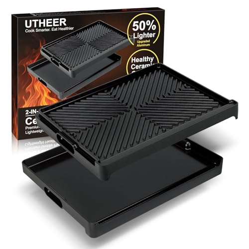 Utheer Stove Top Griddle for Gas & Electric Stove — Flat Top Nonstick Reversible Grill & Griddle Pan for Stovetop Cooking, Lightweight Cast Aluminum, PFAS-Free Ceramic Nonstick, 16.3″ × 13″