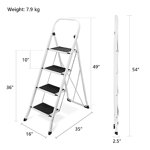 Delxo 4 Step Ladder Folding Step Stool, Heavy-Duty Sturdy Safety Tall Step Ladder Outdoor With Handrail Wide Pedal,White Lightweight Collapsible 4-Feet Step Stool Ladder For Adults Home Kitchen Indoor #TOP2