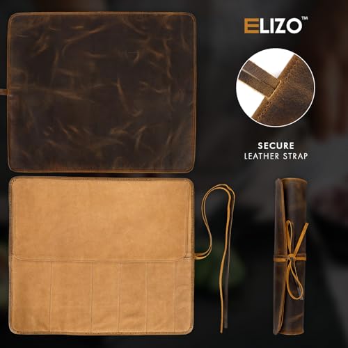 Image of ELIZO Leather Knife Roll Bag Professional Chef Knife Case, Durable Sheath Holder, Cooks & Culinary Tools Carrying Storage, Portable Wrap - 6 Slots