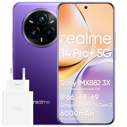 realme 14 Pro+ 5G Cellulare Android 12GB+512GB, 6,83 Smartphone, 50MP OIS Fotocamera, Qualcomm Snapdragon 7s Gen 3 5G, OLED Schermo 4 curvo da 120Hz, Batteria da 6000mAh, viola (Con adattatore)