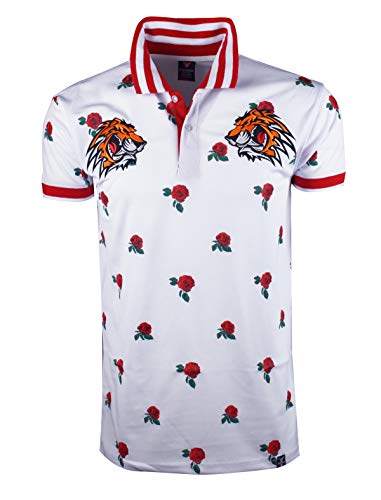 SCREENSHOTBRAND-S11835 Mens Hipster Hip-Hop Premiun Tee - Stylish Fashion Rose Flower Print Tiger Embroidery Polo-Shirts-White-Large