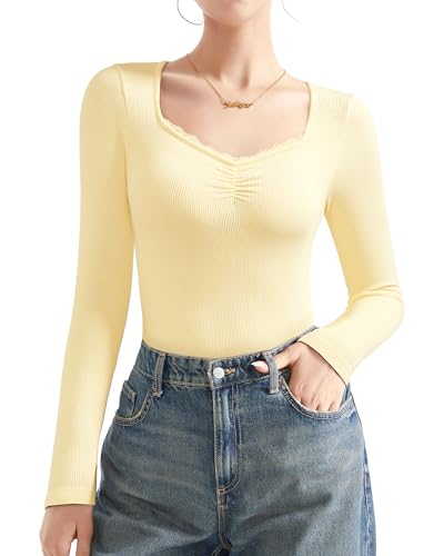 Image of SUUKSESS Women Sweetheart V Neck Long Sleeve Tops Lace Trim Ribbed Modal Fall Going Out Shirts