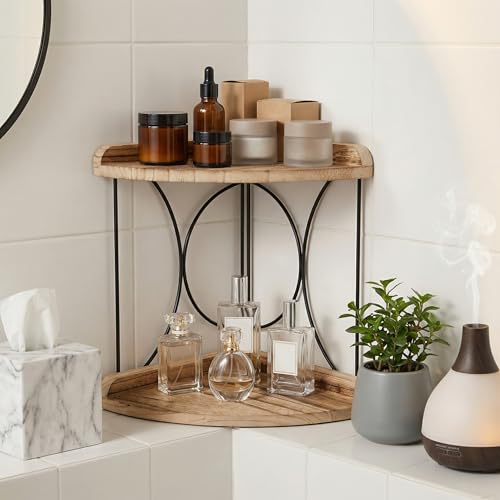Image of Goaste 2-Tier Bathroom Counter Organizer, Wood Vanity Corner Shelf, Skincare Storage Standing Tray, Kitchen Countertop Spice Rack, Makeup Perfume Holder for Bathroom Organization, Dresser, Kitchen