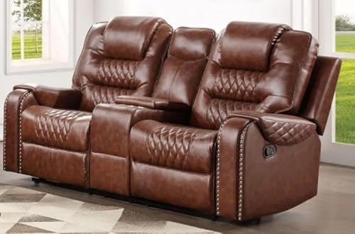 Image of Torque - Mikkel Recliner Sofa 2 Seater with Cup Holder- Brown | Leatherette Two Seater Recliner Sofa with Center Console & Cup Holder for Home