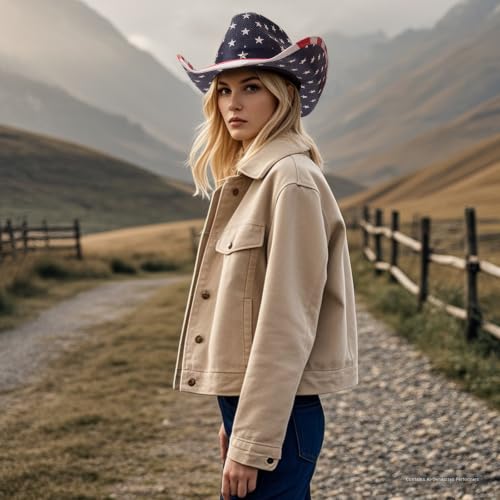 Image of Evankin American Flag Hat, USA Western Cowboy Hat on July 4th | American Flag Hat, 4th of July Patriotic Hat,USA Western Cowboy Hat, Straw Weaving Star,Summer Sunhat for Men and Women