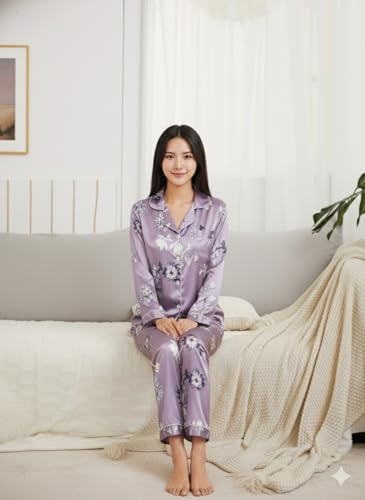 Image of Night Suit for Women with Full Sleeve Button-Down Top with Pant Dress for Woman, Night Dress for Woman, Lycra Two-Piece Loungewear Set