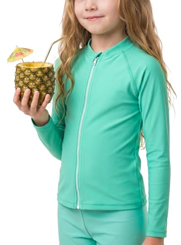 Image of Girls Long Sleeve Swim Shirt UPF 50+ Rash Guard One Piece Zipper Swim Shirt
