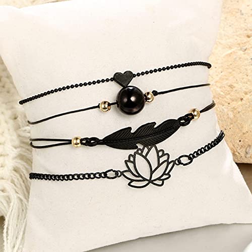 Sttiafay 4Pcs Anklet Bracelet For Women Black Leaf Bead Braided Cord Anklet Dainty Hollow Lotus Heart Ankle Chain Summer Beach Foot Jewelry For Teen Girls #TOP5