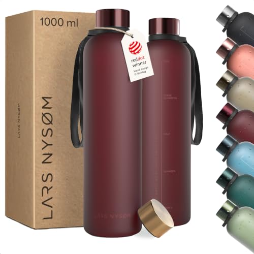 Image of LARS NYSOM Water Bottle 34oz | Drinking Bottle 1 Liter | Ultralight Tritan Sports Flask leak-proof | Ideal for sports, office, yoga | 2 lids included (Berry Red, 33.9oz)