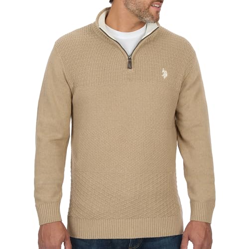 U.S. POLO ASSN. Men's Cable Knit Quarter Zip Textured Ribbed and Collared Pullover Sweater - Classic Solid Color, Camel Heather, Large