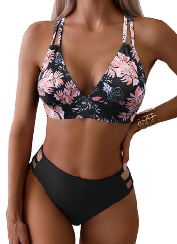 Fanuerg Women's Sexy V Neck Bikini Sets Hollow Out Two Piece Swimsuits Cutout Mid Waist Bathing Suit