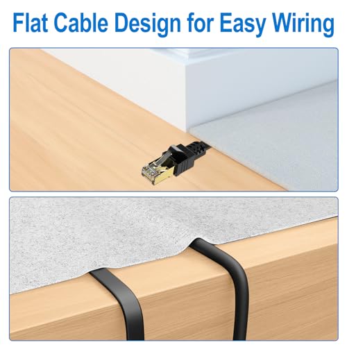 Image of Cat 8 Ethernet Cable 2 Ft High Speed Flat Internet Cord Outdoor &Indoor Shielded Long LAN Network Patch Wire with Rj45 Connectors for Modem Gaming Laptop Computer PC 2Foot Black