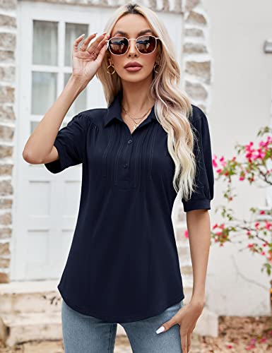 Summer Collared Tops For Women Work Short Sleeve V Neck Cotton Tunic Blouse Loose Polo Shirt Navy Blue Xl #TOP1