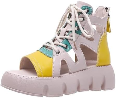 Women Fashion Leather Platform Gladiator Sandals with Back Zipper Lace Up Comfort Slip On High-Top Open Toe Cutout Boot Sandals Lug Sole Wedge Heel Roman Beach Sandals