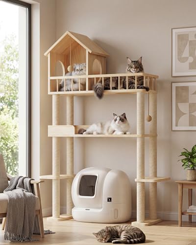 Homiflex Wood Cat Tower for Automatic Litter Box, 60'H Cat Tree with Scratching Post, Multi-Level Solid Wood Cat Tree for Indoor Large Cats, Tall Cats Scratching Post Furniture w/Cats House, Burlywood