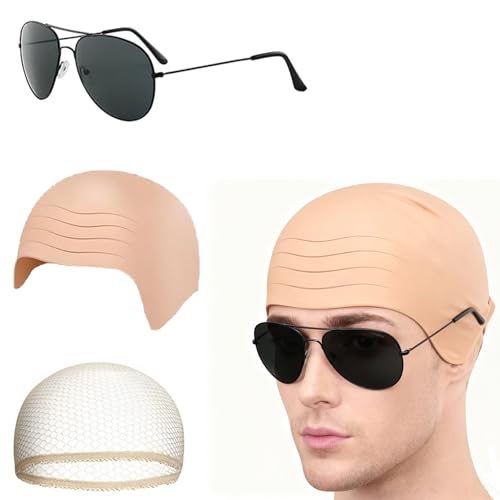 YFHUVB 3 Pcs Bald Cap Adult Set, Fake scalp, Hairnet, Glasses, Bald Caps for Theater, and Cosplay, Easy to Use & Reusable