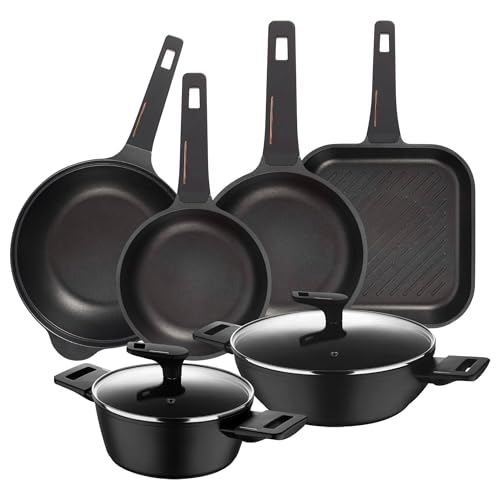Kochgeschirr-Set mit 2 Töpfen Ø 20 x 28 cm aus geschmiedetem Aluminium + 2 Pfannen Ø 24 Ø 28 cm + Grillpfanne 28 x 28 cm + Wok Ø 30 cm aus Aluminiumguss Kupfer Bergner