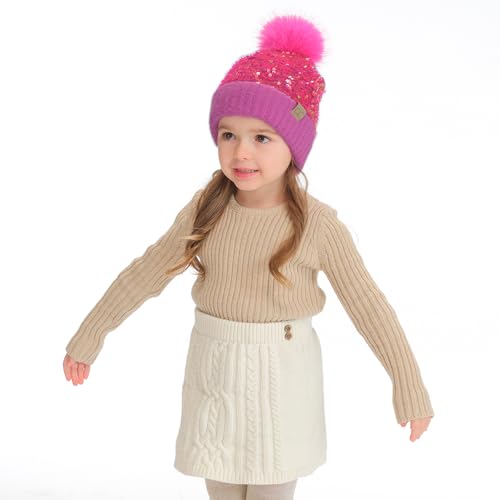 C.C Kids Sequin Fur Pom Beanie for Boys Girls - Comfortable Soft Warm Children Youth Knit Skully Hat with Faux Fur Pom2